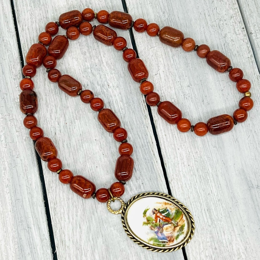 188. Vintage Carnelian Signed Limoges France Pendant Necklace